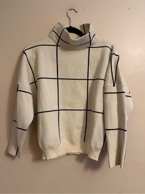 Chicwish Cream Turtleneck Sweater with Black Windowpane Grid